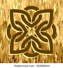 Symbolic stylized geometric shape of interwoven lines, pseudo wooden background.