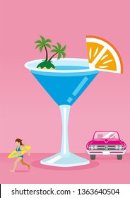 Symbolic summer vacation image, Cute cocktail and Bikini woman who holding surfboard, Convertible - Copy space