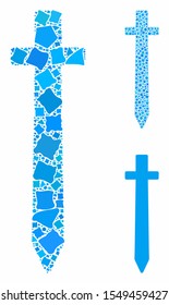Symbolic sword composition of abrupt elements in different sizes and shades, based on symbolic sword icon. Vector bumpy elements are combined into collage.