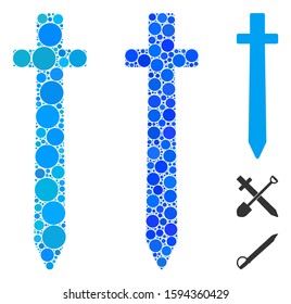 Symbolic sword mosaic of circle elements in various sizes and shades, based on symbolic sword icon. Vector round elements are composed into blue collage.