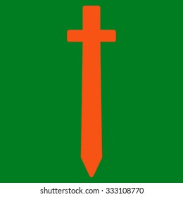 Symbolic Sword vector icon. Style is flat symbol, orange color, rounded angles, green background.