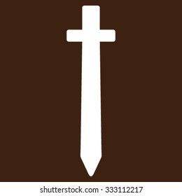 Symbolic Sword vector icon. Style is flat symbol, white color, rounded angles, brown background.