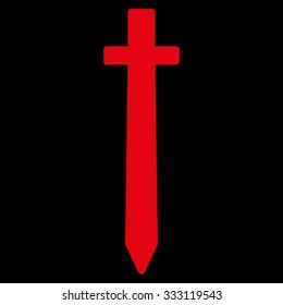 Symbolic Sword vector icon. Style is flat symbol, red color, rounded angles, black background.