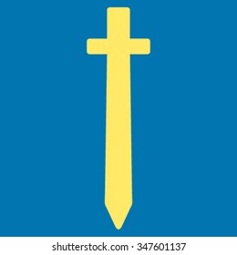 Symbolic Sword vector icon. Style is flat symbol, yellow color, rounded angles, blue background.