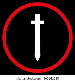 Symbolic Sword vector icon. Style is bicolor flat circled symbol, red and white colors, rounded angles, black background.