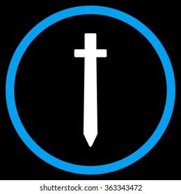 Symbolic Sword vector icon. Style is bicolor flat circled symbol, blue and white colors, rounded angles, black background.