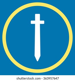 Symbolic Sword vector icon. Style is bicolor flat circled symbol, yellow and white colors, rounded angles, blue background.