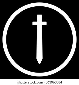 Symbolic Sword vector icon. Style is flat circled symbol, white color, rounded angles, black background.