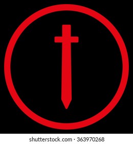 Symbolic Sword vector icon. Style is flat circled symbol, red color, rounded angles, black background.