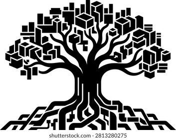 A symbolic tree grows with urban structures and technological roots representing the fusion of nature and modern development