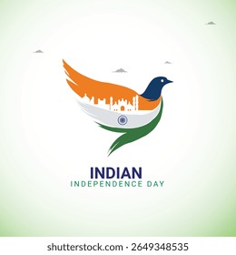 Symbolic vector design for Indian Independence Day featuring a bird in the Indian tricolor with Ashoka Chakra and national monuments. Represents freedom, peace, and patriotism.