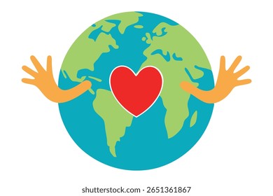 Symbolic vector of global unity featuring Earth, heartbeat line, and diverse hands joined together. Ideal for peace, humanity, international aid, and solidarity projects. Isolated on white background.