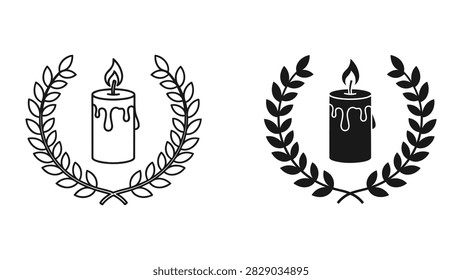 A symbolic vector icon featuring a burning candle framed by a traditional laurel wreath representing remembrance peace or memorial services. This elegant design is available in both clean outline and solid black styles perfect for funeral commemorative or spiritual graphics.