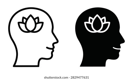 A symbolic vector illustration depicting a human head profile containing a lotus flower representing mindfulness meditation and mental health. Features both line and solid styles for use in wellness psychology and spiritual wellness branding.