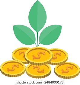 A symbolic vector illustration of a green plant sprouting from a pile of coins. This image represents growth, prosperity, and financial success.