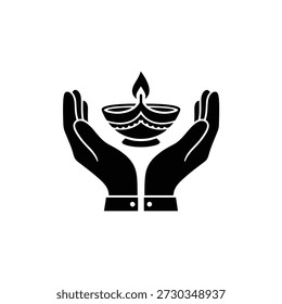 A symbolic vector illustration of hands gently cupping a lit Diya, representing light, hope, and spiritual celebration, ideal for cultural or religious themes.