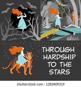 Symbolic Vector Illustration With A Woman Overcoming Difficulties And Dangers On The Way To Success. Illustration Of A Latin Quote Through Hardship To The Stars