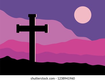 A symbolic view of the Crucifix on the Golgotha mountains with the moon in the sky