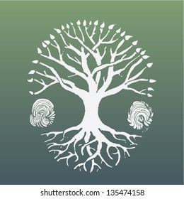 symbolic white tree crest surrounded by abstract forms