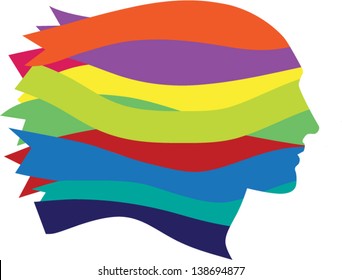 Symbolic woman face made of multicolored ribbons, vector illustration