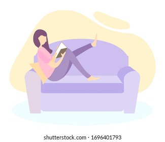 Symbolic woman at home do their own thing concept. Hygge lifestyle flat composition with indoor view of living room interior with couple sitting on sofa vector illustration