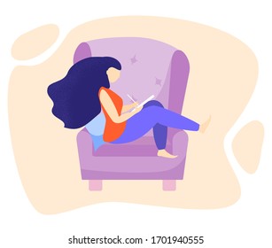Symbolic woman at home do their own thing concept. Hygge lifestyle flat composition with indoor view of living room interior with couple sitting on sofa vector illustration