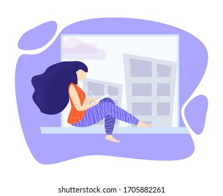 Symbolic woman at home sits on a windowsill and draws on a tablet. Hygge lifestyle concept. Relax in home comfort. Girl ponders and looks out window.