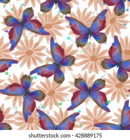 Symbolical Colorful Butterflies and Flowers, Floral Ornament, Polygonal Pattern, Low Poly Background. Vector