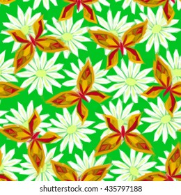 Symbolical Colorful Butterflies and Flowers, Floral Ornament, Polygonal Pattern, Low Poly Background. Vector