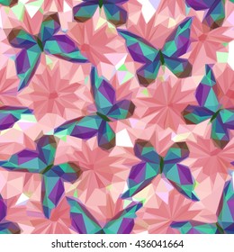 Symbolical Colorful Butterflies and Flowers, Floral Ornament, Polygonal Pattern, Low Poly Background. Vector