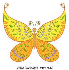 Symbolical colorful butterfly with an abstract floral pattern. Vector