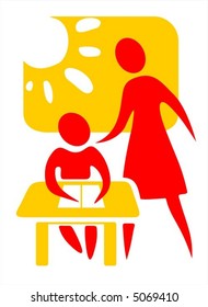 Symbolical figures of the schoolboy behind a school desk and teacher on a background of a window.