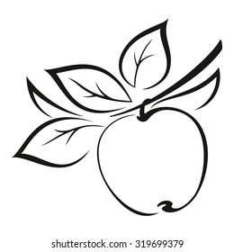 Fruta simbólica, Apple en una rama con hojas de pictograma negro monocromo aislado en fondo blanco. Vector