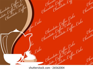 The symbolical image of a cup, coffee pot and dessert on a red background