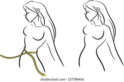 The symbolical image with the girl measuring a waist by  tape. Vector monochrome image. Themes are fitness, slenderness, diet 