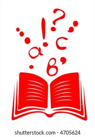 The symbolical image of the red open book with letters taking off from it and punctuation marks.