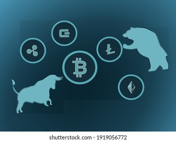 Symbolical image stock price digital currency, bitcoin and other coins , bull and bear.