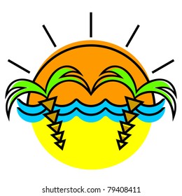 The symbolical image of the sun, waves and palm trees.