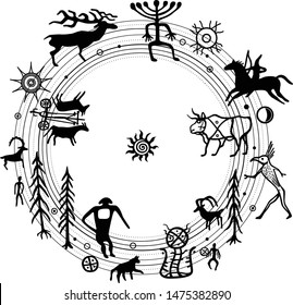 Symbolical primitive Universe, peace arrangement. Set of petroglyphs,Nature circle, mystical symbols space, people, animals, gods. Ancient rock paintings. Vector illustration isolated on a white 