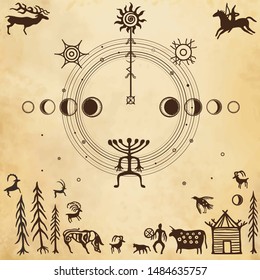 Symbolical primitive Universe, peace arrangement. Ancient rock paintings.Set of petroglyphs, Nature circle, phases of the moon, people, animals, gods. Background - imitation of old paper. 