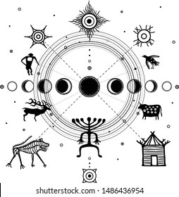 Symbolical primitive Universe, peace arrangement. Ancient rock paintings.Set of petroglyphs, Nature circle, phases of the moon, people, animals, gods.Vector illustration isolated on a white background