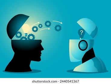 Symbolically portrays a human head transferring knowledge to a robot, concept of AI learning, vector illustration