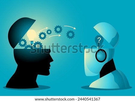 Symbolically portrays a human head transferring knowledge to a robot, concept of AI learning, vector illustration