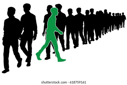 The symbolism for, "Step out from the Crowd, Be an Innovator!", Full length of silhouette people walking in line, green man standing out in a line of black man