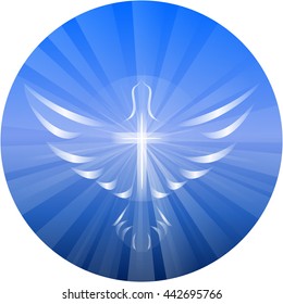 Symbolized vector illustration of a dove and cross representing God's Holy Spirit, on a blue circle background with rays of light. 