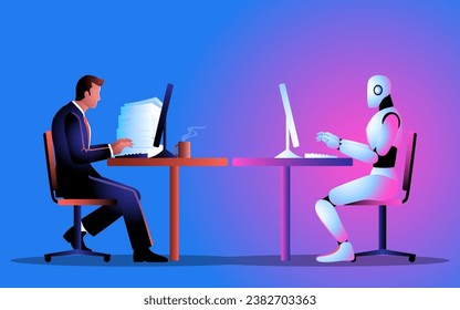 Symbolizes the convergence of human and artificial intelligence in the workplace. It's perfect for conveying themes of automation, collaboration, and the evolving role of AI in business operations