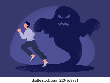 Symbolizes fear concept. Man runs away from imaginary shadow, terrible fantasy. Mental problems, phobias and fears. Character running in panic, poster or banner. Cartoon flat vector illustration