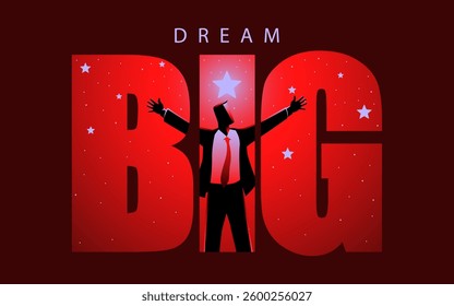Symbolizing ambition, this design features the word DREAM BIG integrated with the silhouette of a businessman opening his arms on a starry backdrop. Represents vision and limitless potential