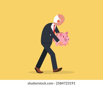 Symbolizing financial struggle and retirement insecurity. An older businessman walks anxiously with a damaged piggy bank