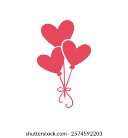 symbolizing love, romance, and celebration. illustration of Simple three red heart-shaped balloons tied with a ribbon,